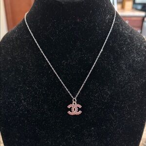 Upcycled CHANEL Silver Necklace with Pink Logo Pendant